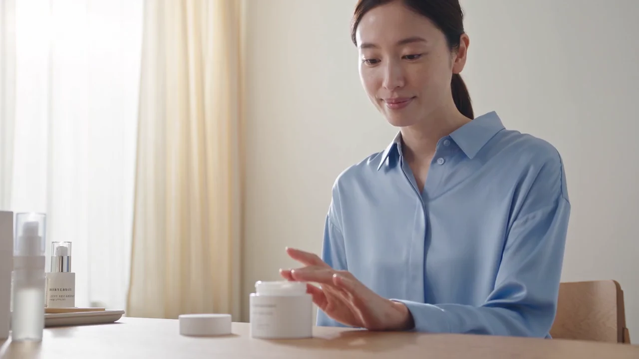 女子在明亮暖白房间中轻柔涂抹少量护肤霜。保留真实肤质、浅蓝服装与柔和窗边日光。 · AI 生成视频