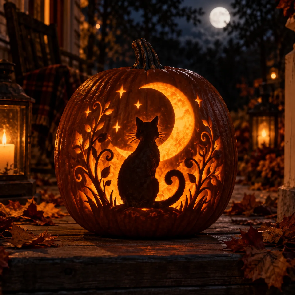 A black cat silhouette surrounded by a glowing crescent and curling vines on an orange pumpkin
