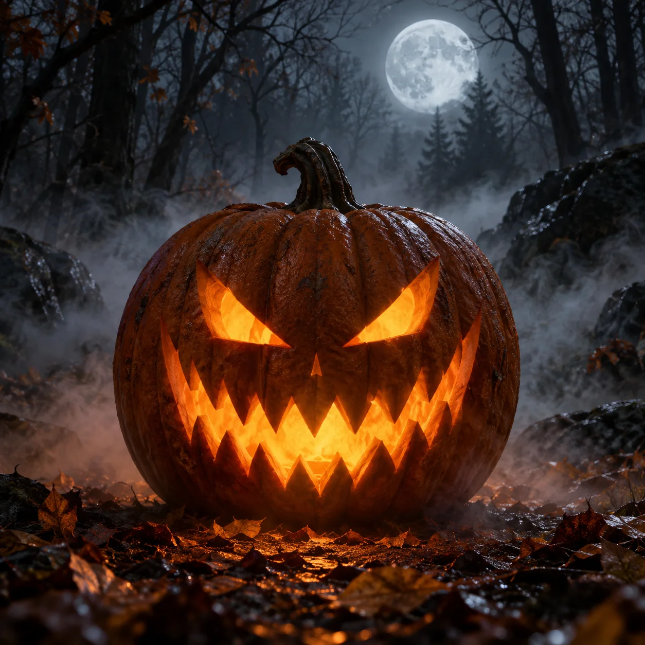 An orange pumpkin with angry slanted eyes and jagged teeth in a misty forest under a full moon
