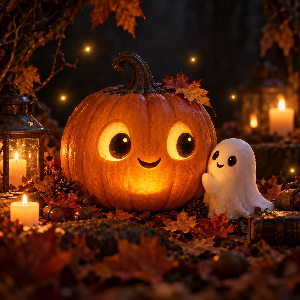 A smiling round-eyed pumpkin next to a small white ghost decoration among autumn leaves