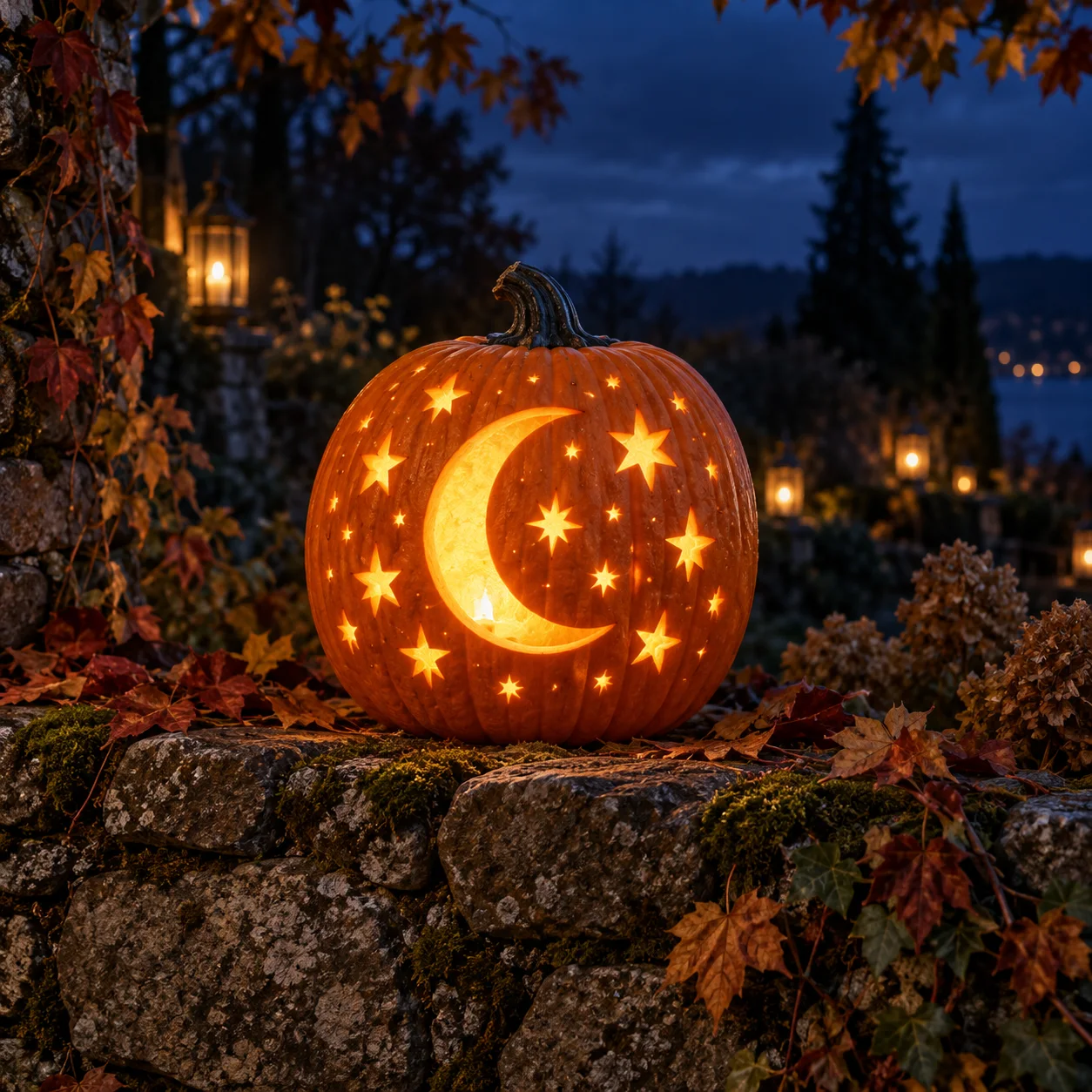 A crescent moon and star-patterned pumpkin glowing on a mossy garden wall at blue hour