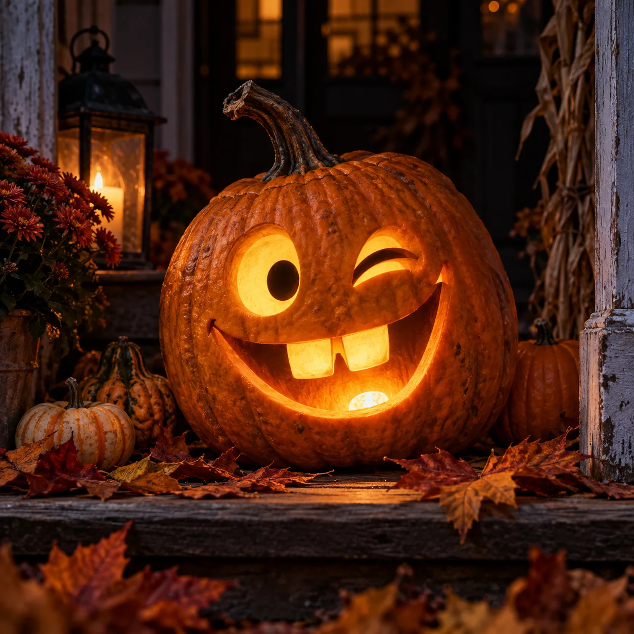 A winking jack-o-lantern with one round eye and two large teeth on a leaf-covered porch